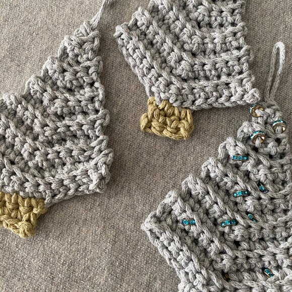 Handmade Crochet Pale Blue/Grey Holiday Christmas Tree Hang Decorations Set of 3 - Picture 5 of 5